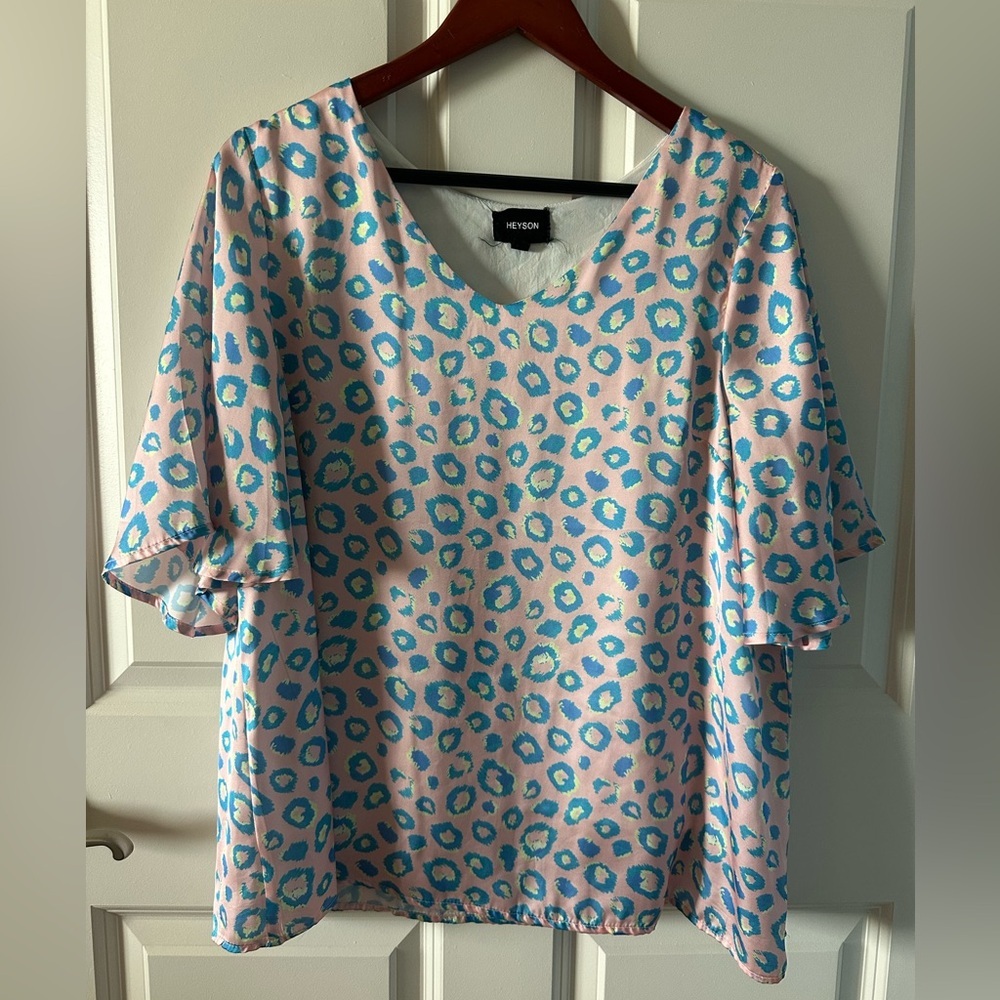 Heyson Leopard Print Blouse Flutter Sleeve Pink Blue Work Top L